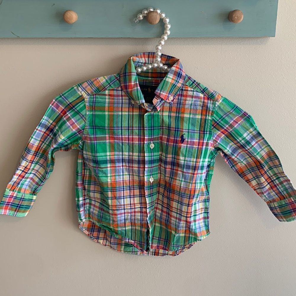 Polo Ralph Lauren Boys 2T Shirt Plaid Green Orange Blue Long Sleeve Button Down
